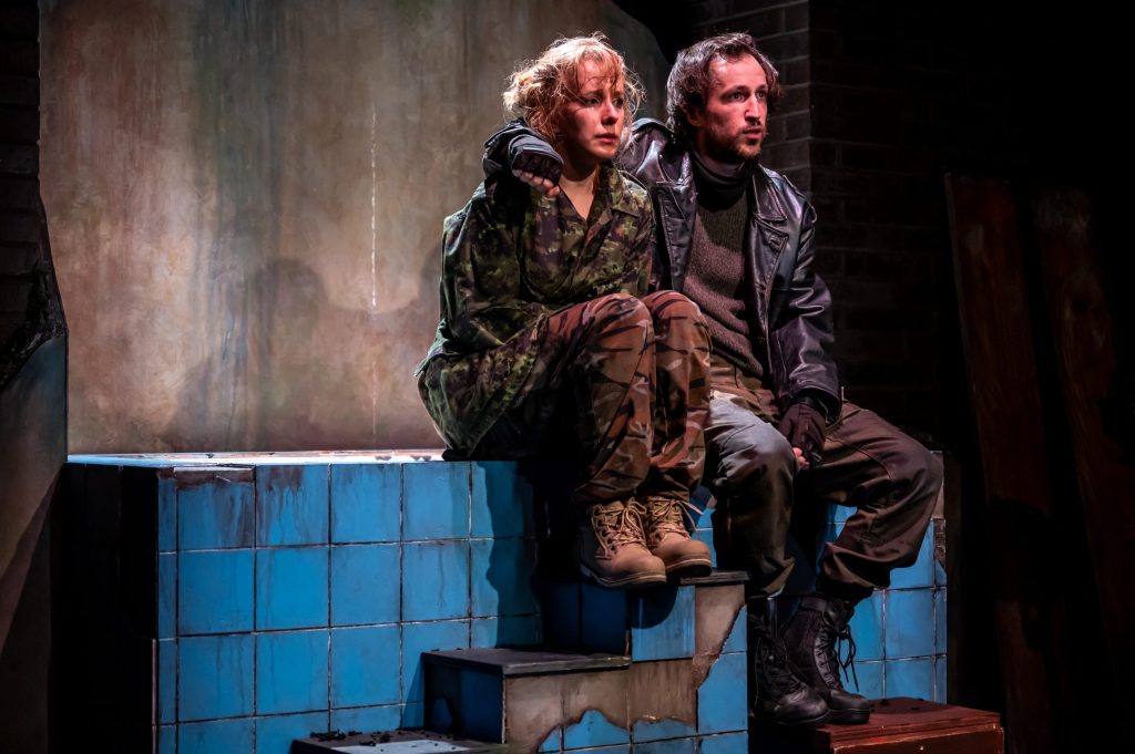 	North American premiere of Bad Roads at Crow’s Theatre (2023) directed by Andrew Kushnir. Featured (L-R) actors Katherine Gauthier and Andrew Chown. Photo by Dahlia Katz.