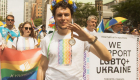 Andrew Kushnir with the We Support LGBTQ+ Ukraine community group at the 2022 Toronto Pride Parade. Photo by Fynn Badgley. 