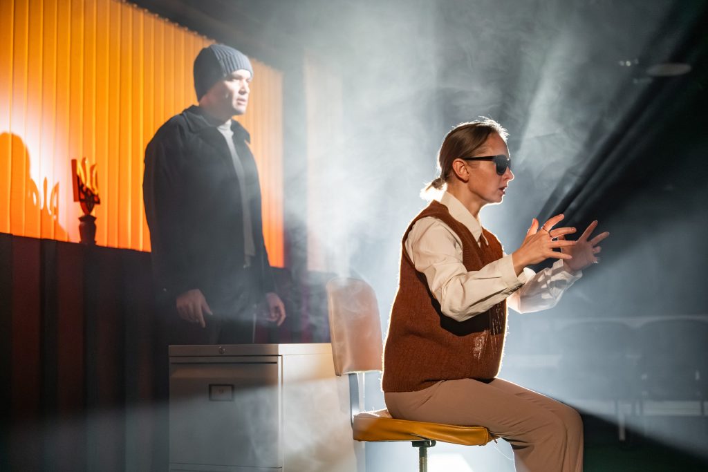 Project: Humanity and Pyretic Productions in association with Crow's Theatre production of The Division, directed by Andrew Kushnir in April 2026. Actors (L-R) Karl Ang, Mariya Khomutova. Photo by Dahlia Katz.