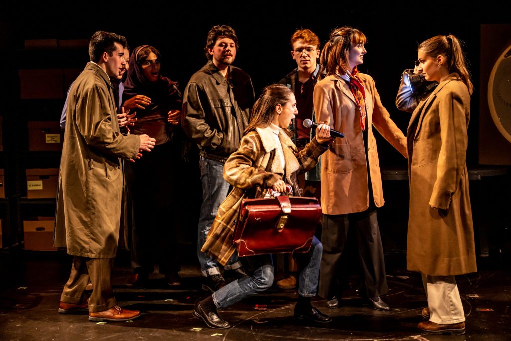 Toronto Metropolitan University/Tarragon Theatre workshop production of The Division, directed by Andrew Kushnir in December 2022. At centre, actors Ella Berger and Avery Rose, with ensemble. Photo by Dahlia Katz.