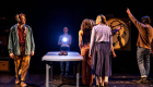 Toronto Metropolitan University/Tarragon Theatre workshop production of The Division, directed by Andrew Kushnir in December 2022. Featuring (L-R) actors Landon Nesbitt, Ella Berger and Manon Bourgeois, with ensemble. Photo by Dahlia Katz.
