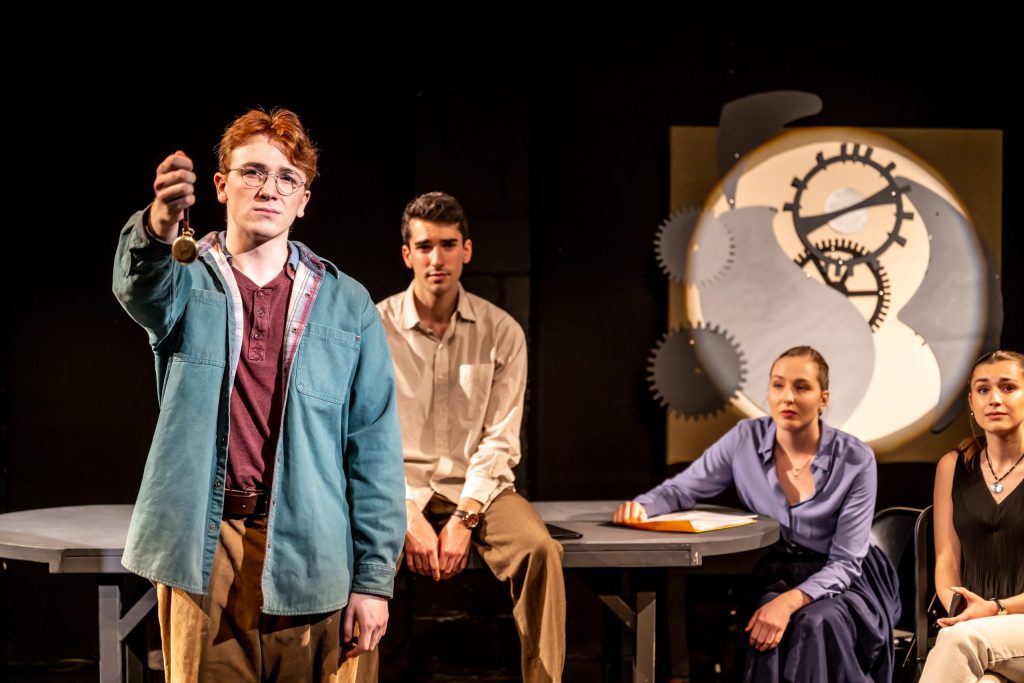 	Toronto Metropolitan University/Tarragon Theatre workshop production of The Division, directed by Andrew Kushnir in December 2022. Featuring (L-R) actors Landon Nesbitt, Tom Shoshani, Manon Bourgeois, Elena Milo. Photo by Dahlia Katz. 